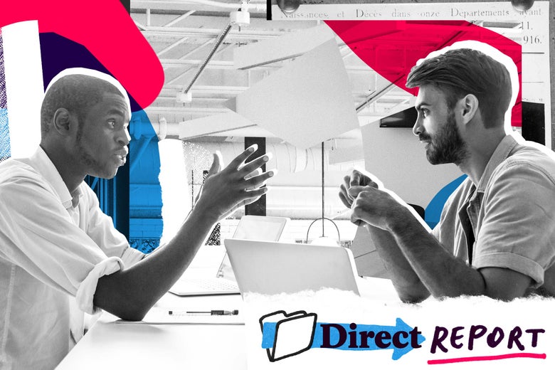 Photo illustration of two men sitting opposite one another at a desk.